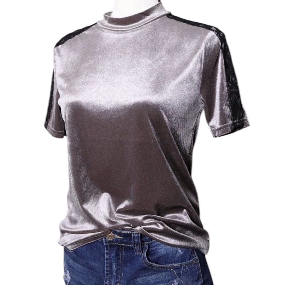 ZARA TRAFALUC GRAY VELOUR BLACK LACE MOCK NECK PULLOVER SHORT SLEEVE TOP S